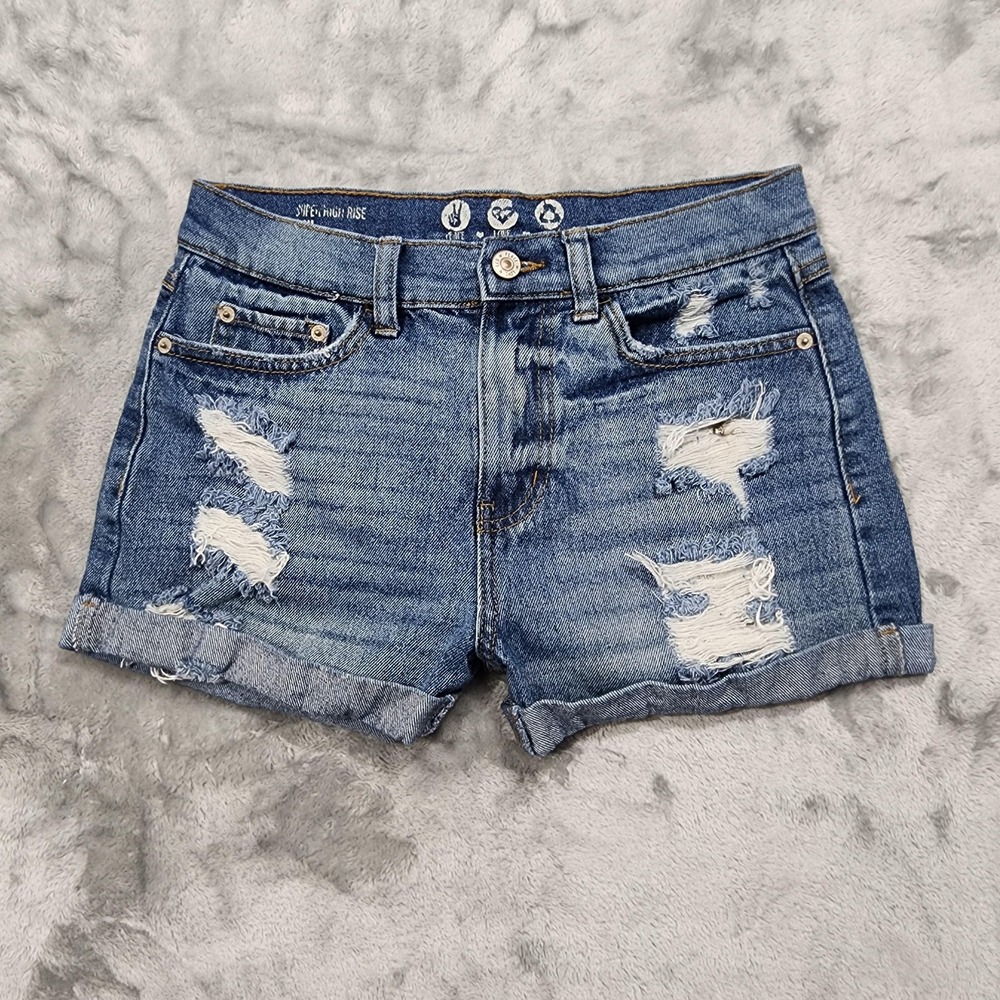 Rewash Shorts Womens 1/25 Blue Super High Rise Mom Distressed Cuffed Denim‎